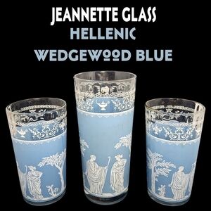 Vintage 1960s Jeannette glass Greek hellenic Wedgewood blue 3 piece glass set